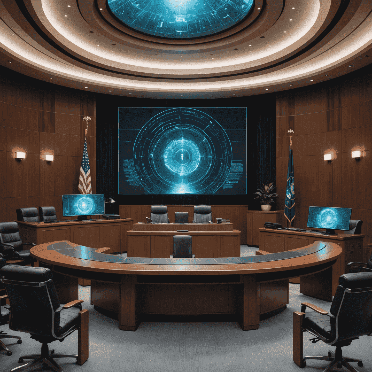 Futuristic courtroom with holographic displays and AI assistants, representing the cutting-edge legal tech trends of 2024