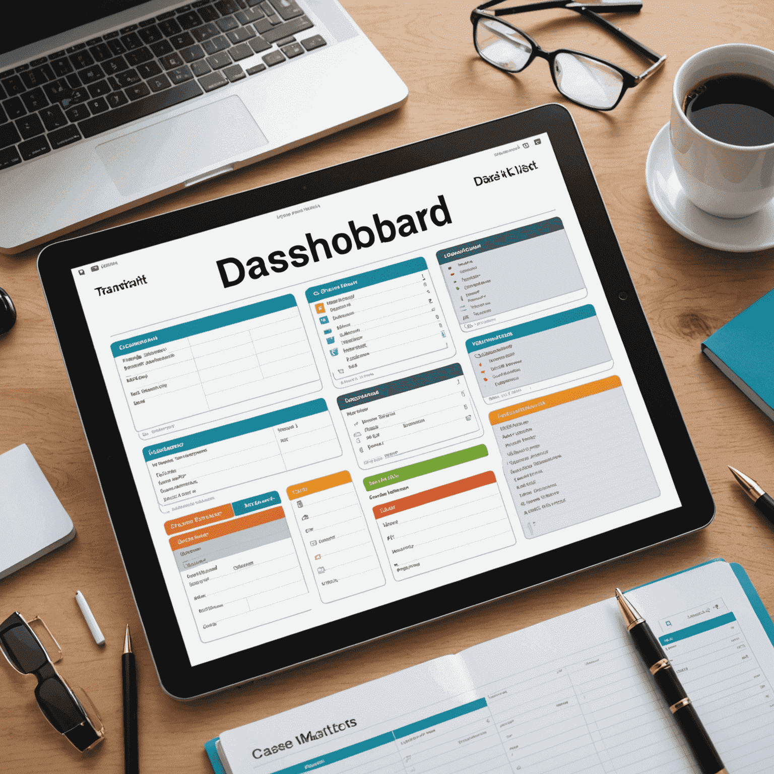 A digital interface showing a dashboard with various case management tools, including a calendar, task list, and document organizer. The image represents an efficient system for managing legal cases.