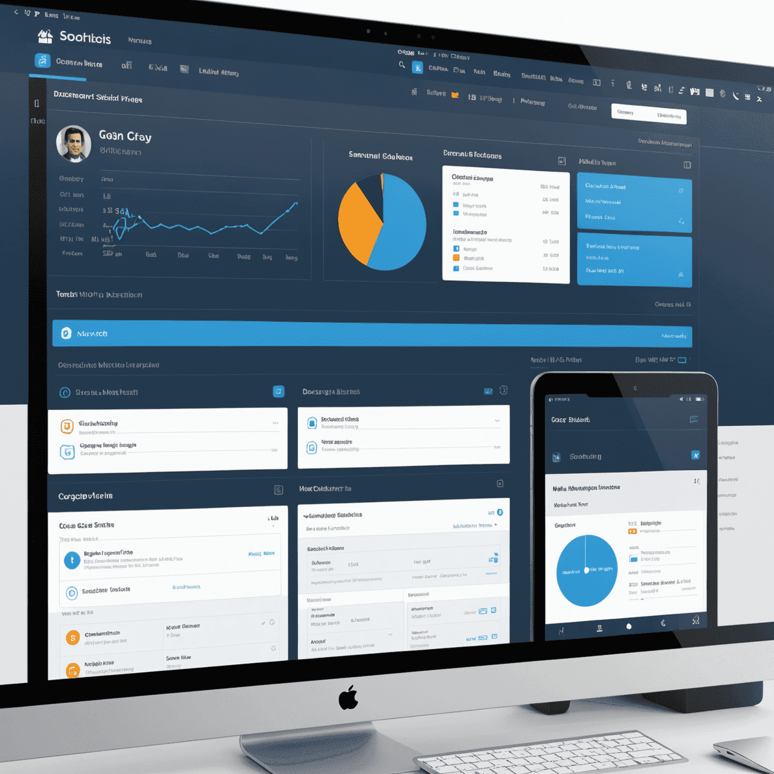 A sophisticated case management system interface showing a dashboard with case timelines, document organization, and task management features. The interface is clean and user-friendly, with a blue and white color scheme reflecting professionalism and efficiency.