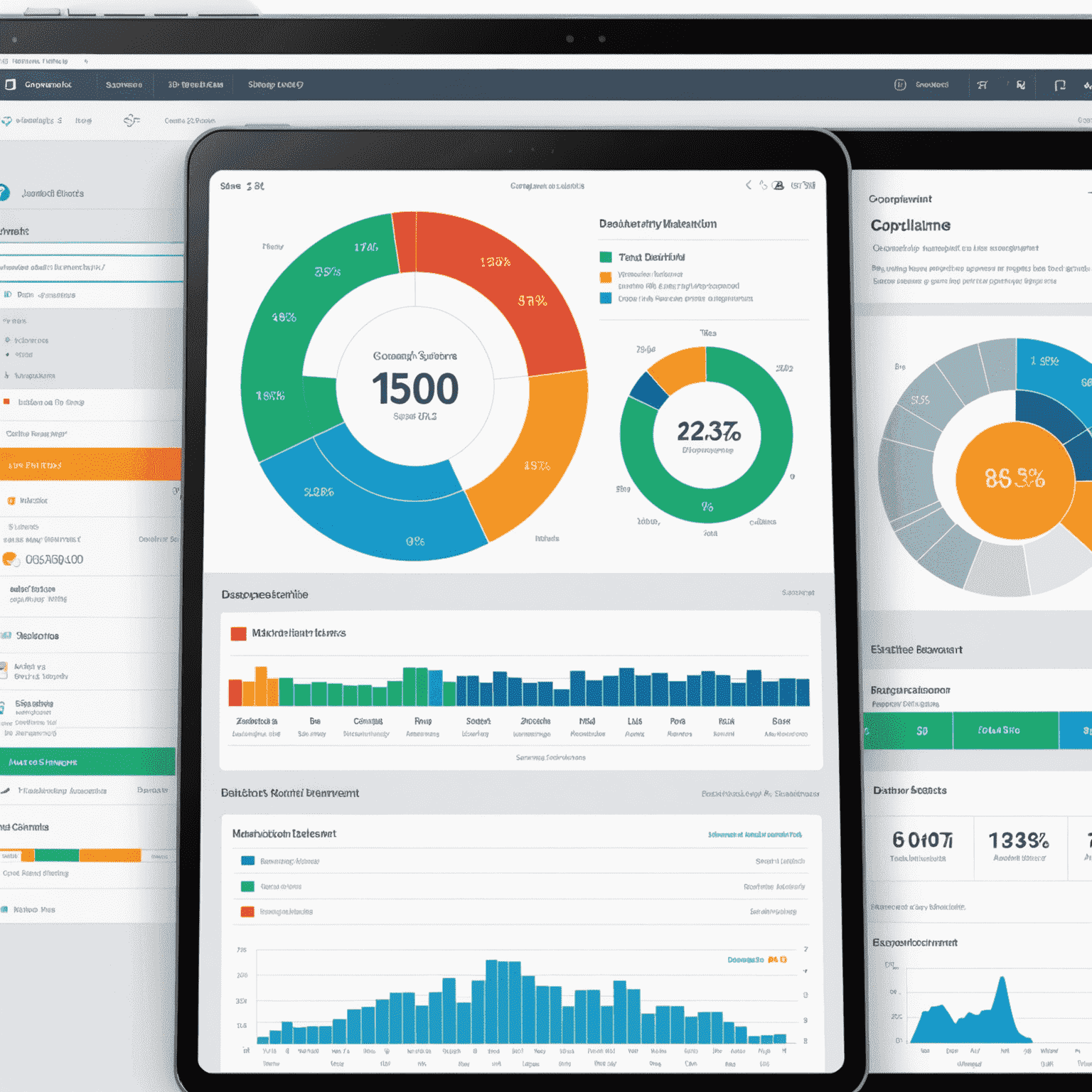 Visual representation of compliance management tools, showing a dashboard with regulatory deadlines, automated checks, and risk assessment metrics