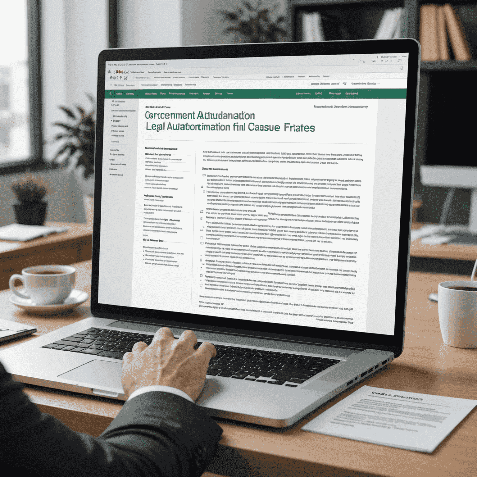 A computer screen displaying a document being automatically generated with various legal clauses and fields being filled in real-time. The image showcases the speed and accuracy of document automation in legal practices.