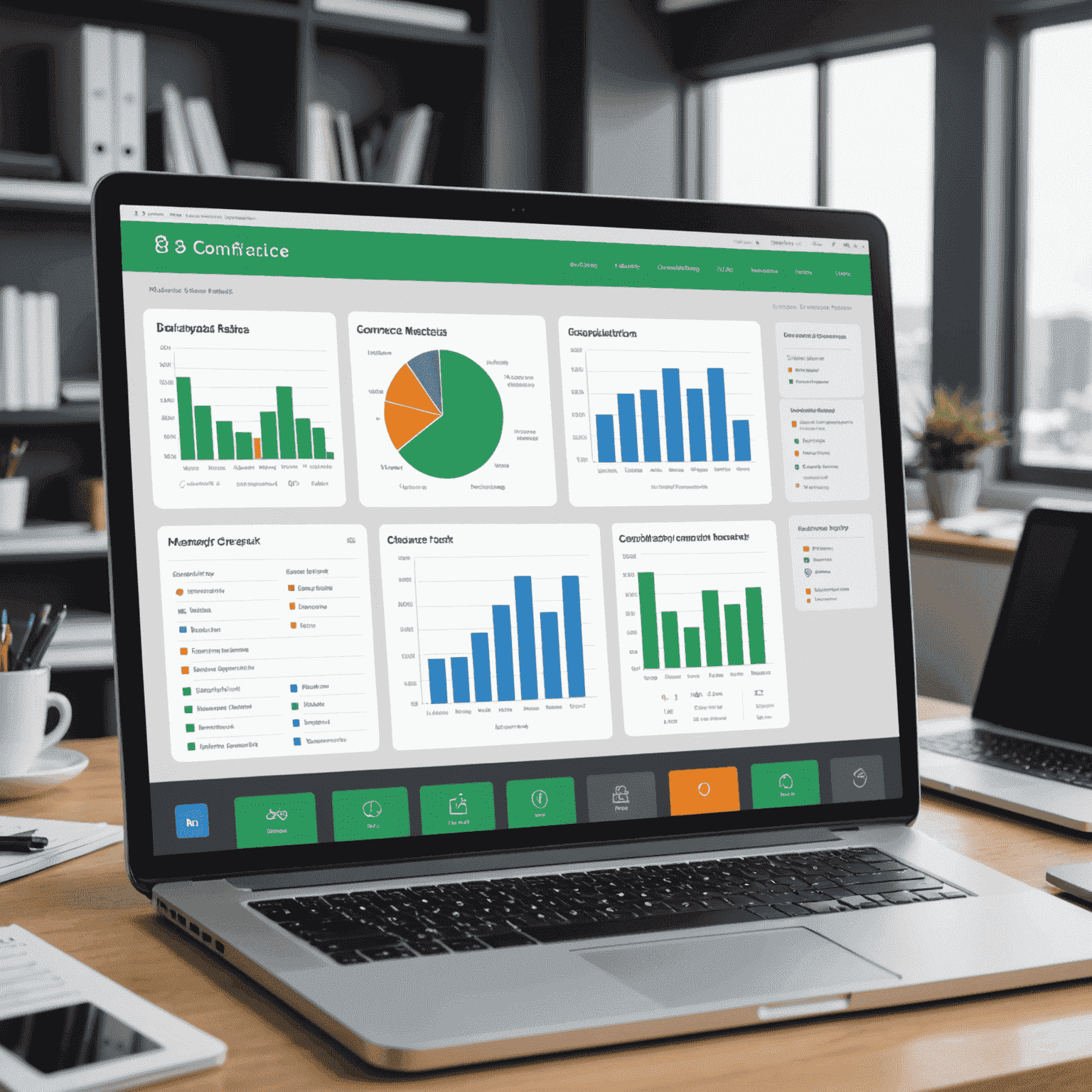 A dashboard showing compliance metrics, deadline trackers, and automated checklist systems, representing comprehensive tools for managing legal and regulatory compliance.